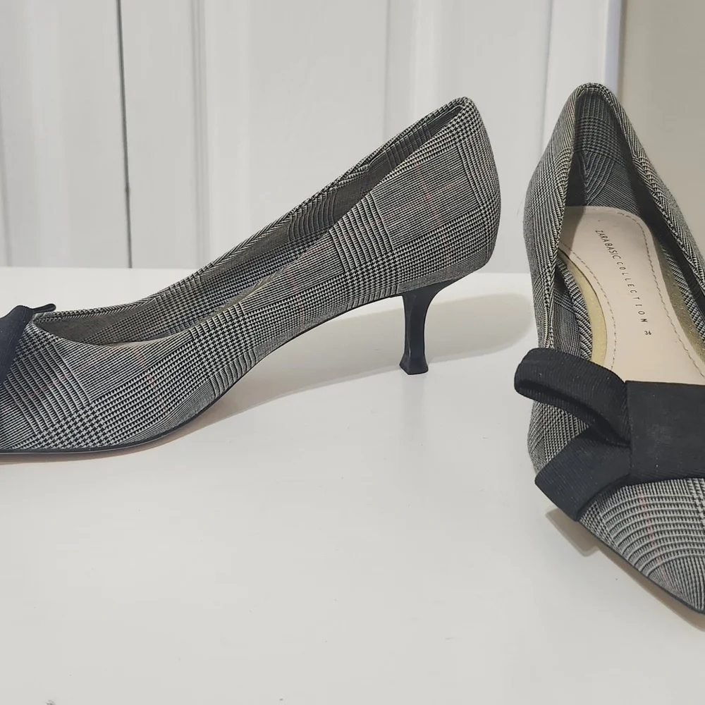 Zara Women’s Black Gray Plaid Bow Mini Heels EU 36 Pumps Office Career Shoes - Picture 15 of 16